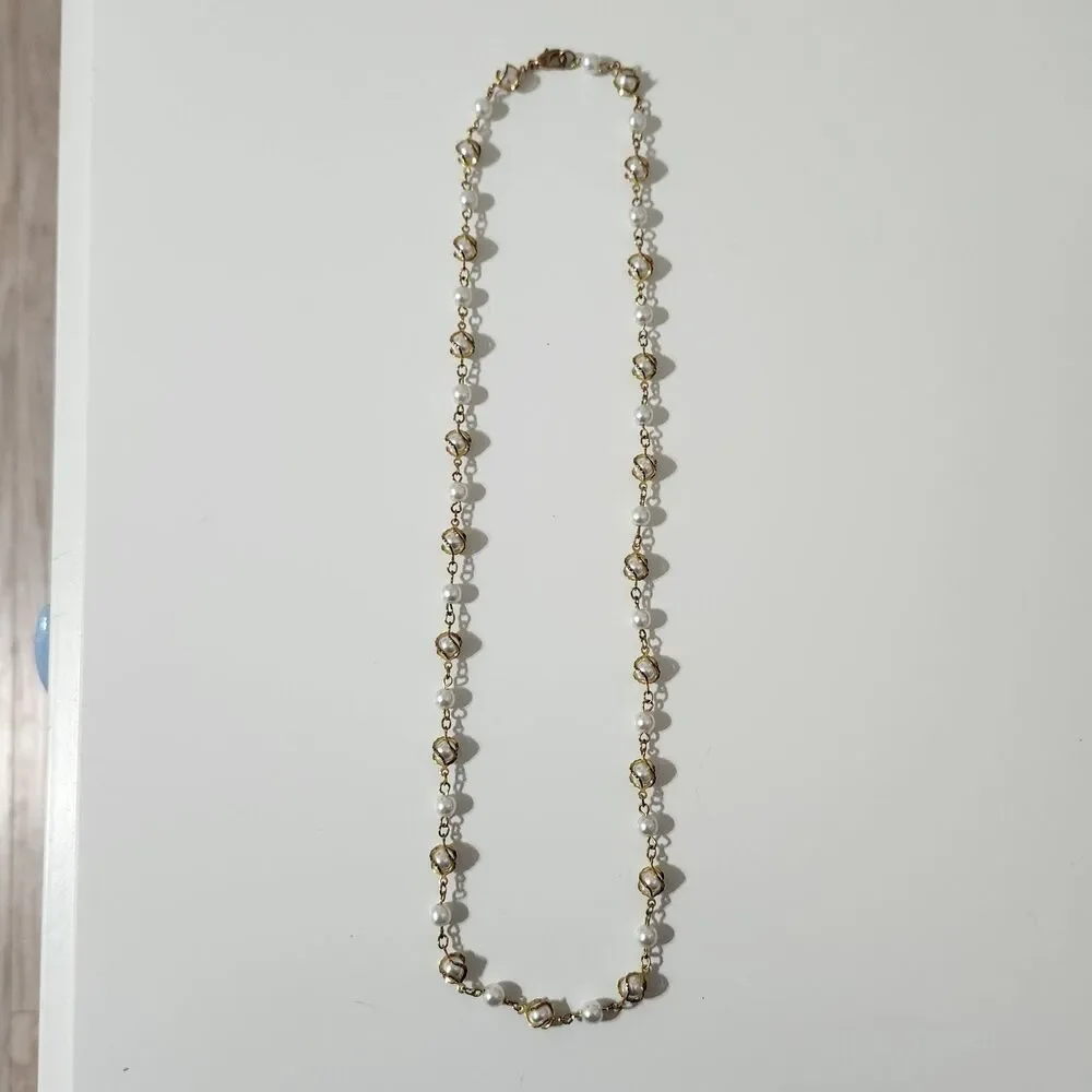 Wrapped Faux Pearl Gold Tone Chain Lobster Beaded Link Strand Necklace